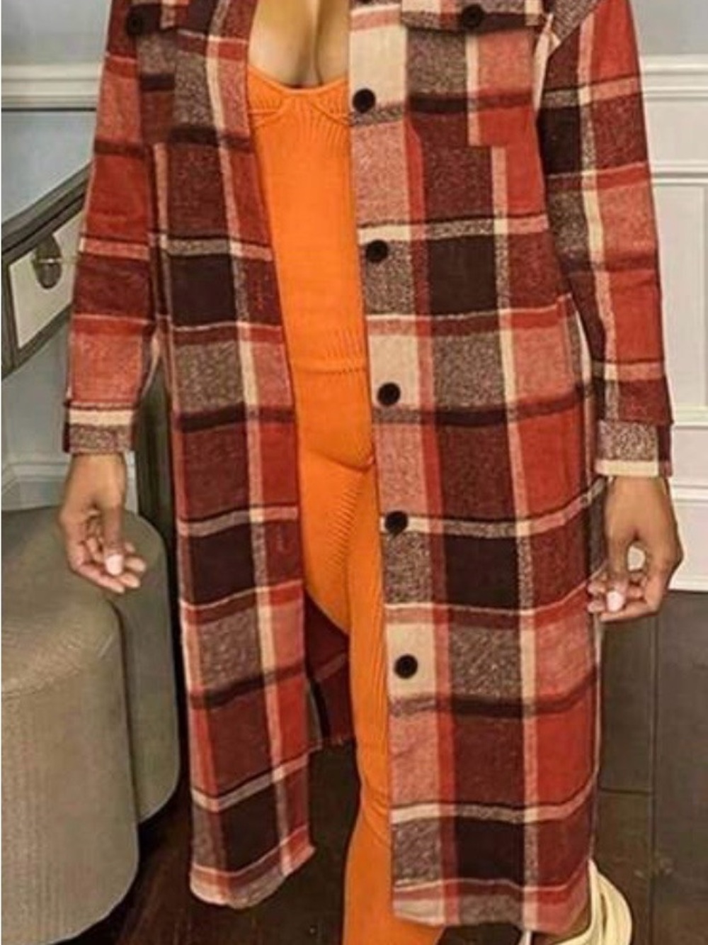 Plaid Long Shacket Coat - Orange Plaid